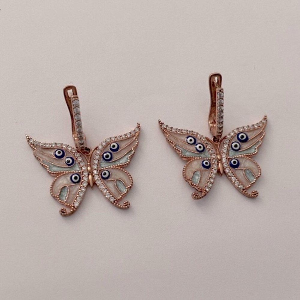 925 Silver Butterfly earrings blue / white enamel evil eye